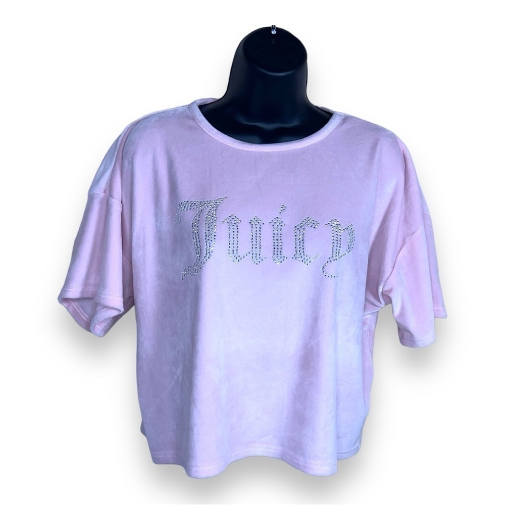 LARGE JUICY COUTURE PINK VELOUR CROP TOP STUDDED TEE STRETCH